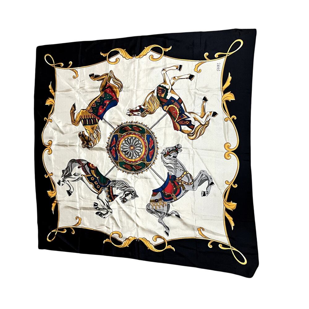 Vintage Club 7 Echo Silk Scarf Regal Carousel Horses 35" x 35" Black Cream Gold